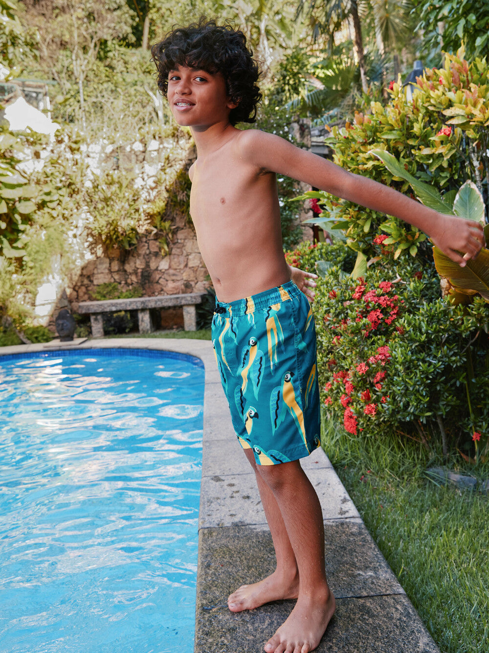 Mid-Length Swim Trunks - Blue & Yellow Macaws