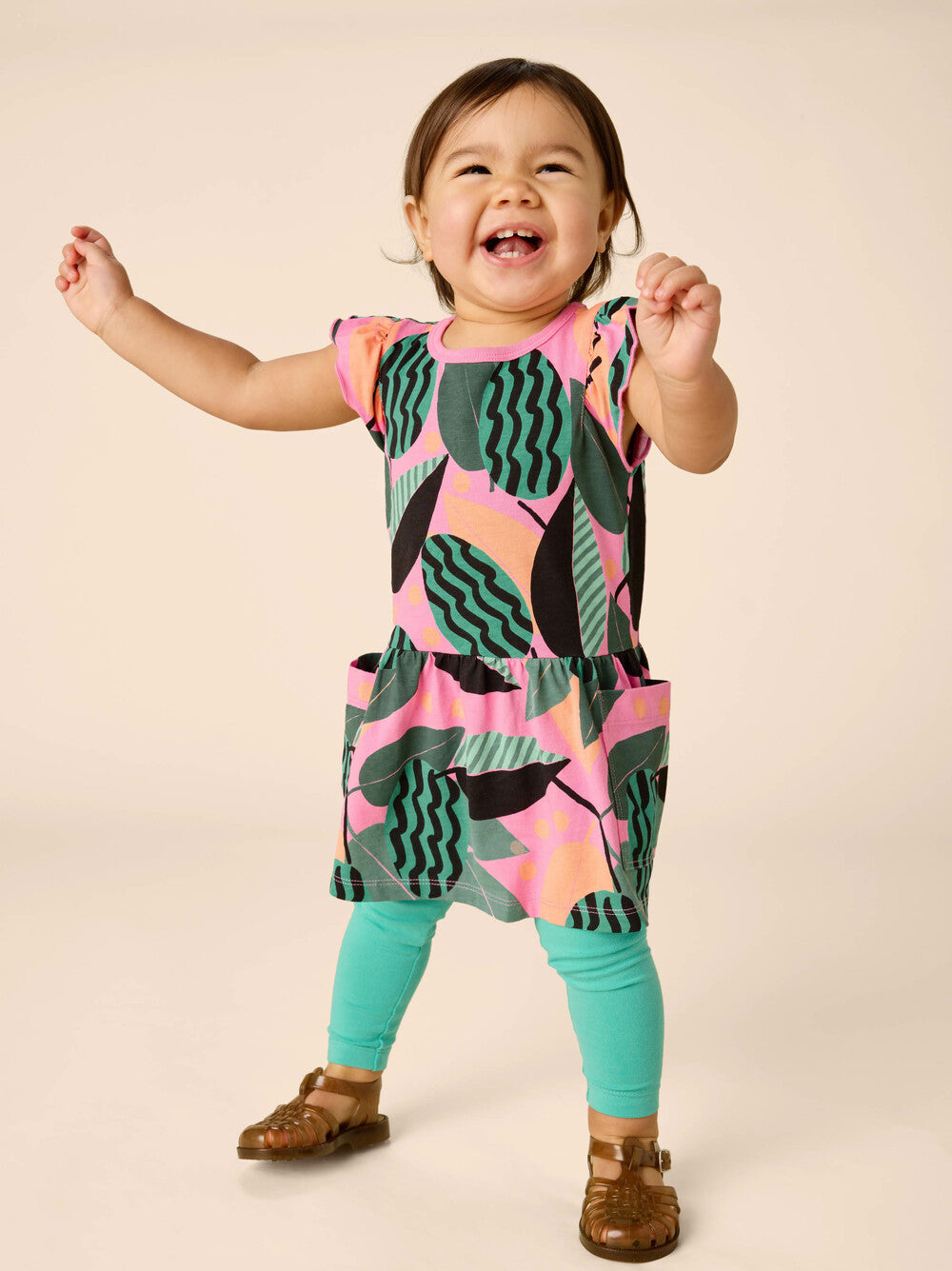 Flutter Sleeve Pocket Baby Dress - Bossa Nova Foliage