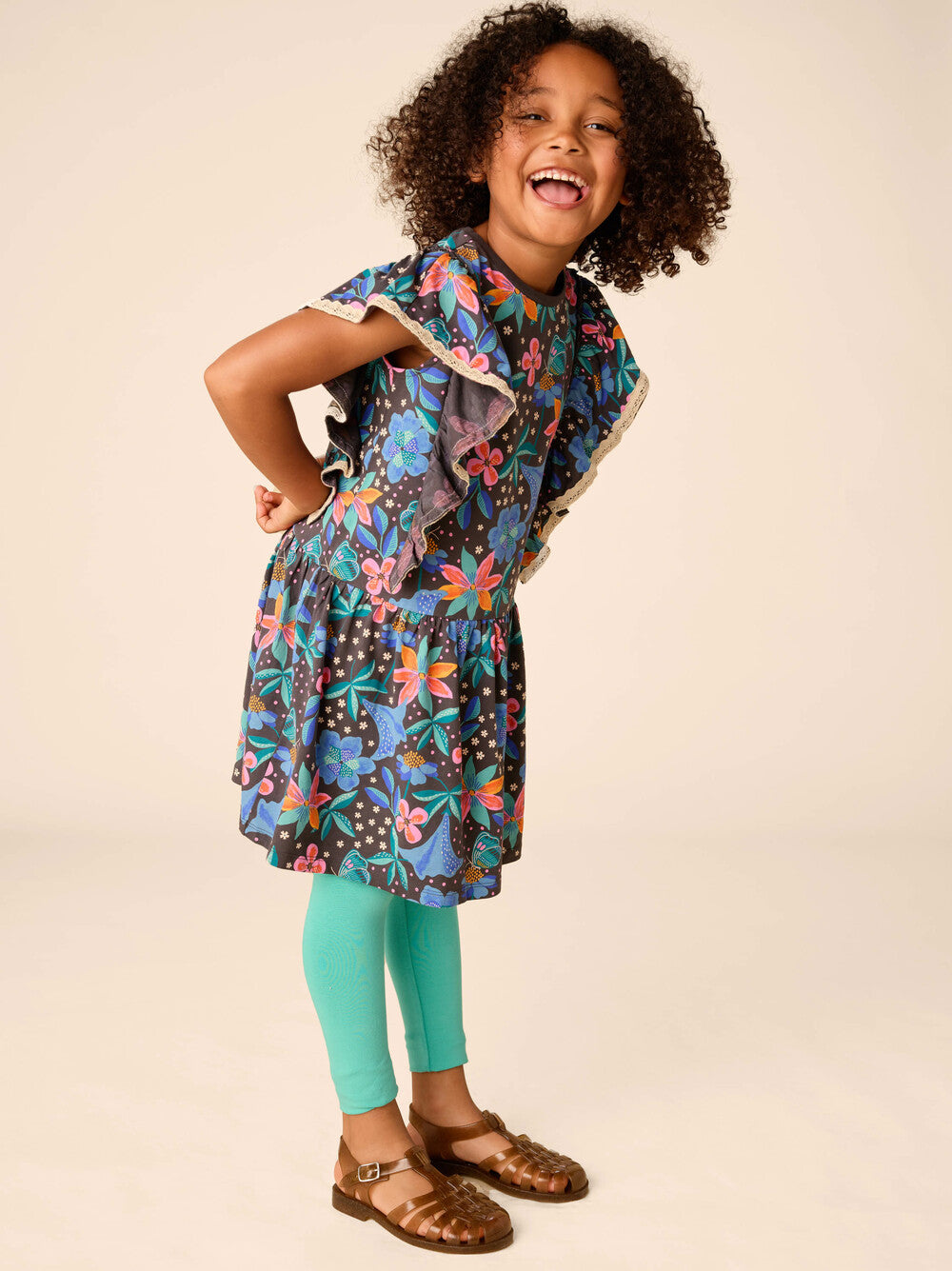 Crochet Trim Ruffle Dress - Brazilian Painted Floral