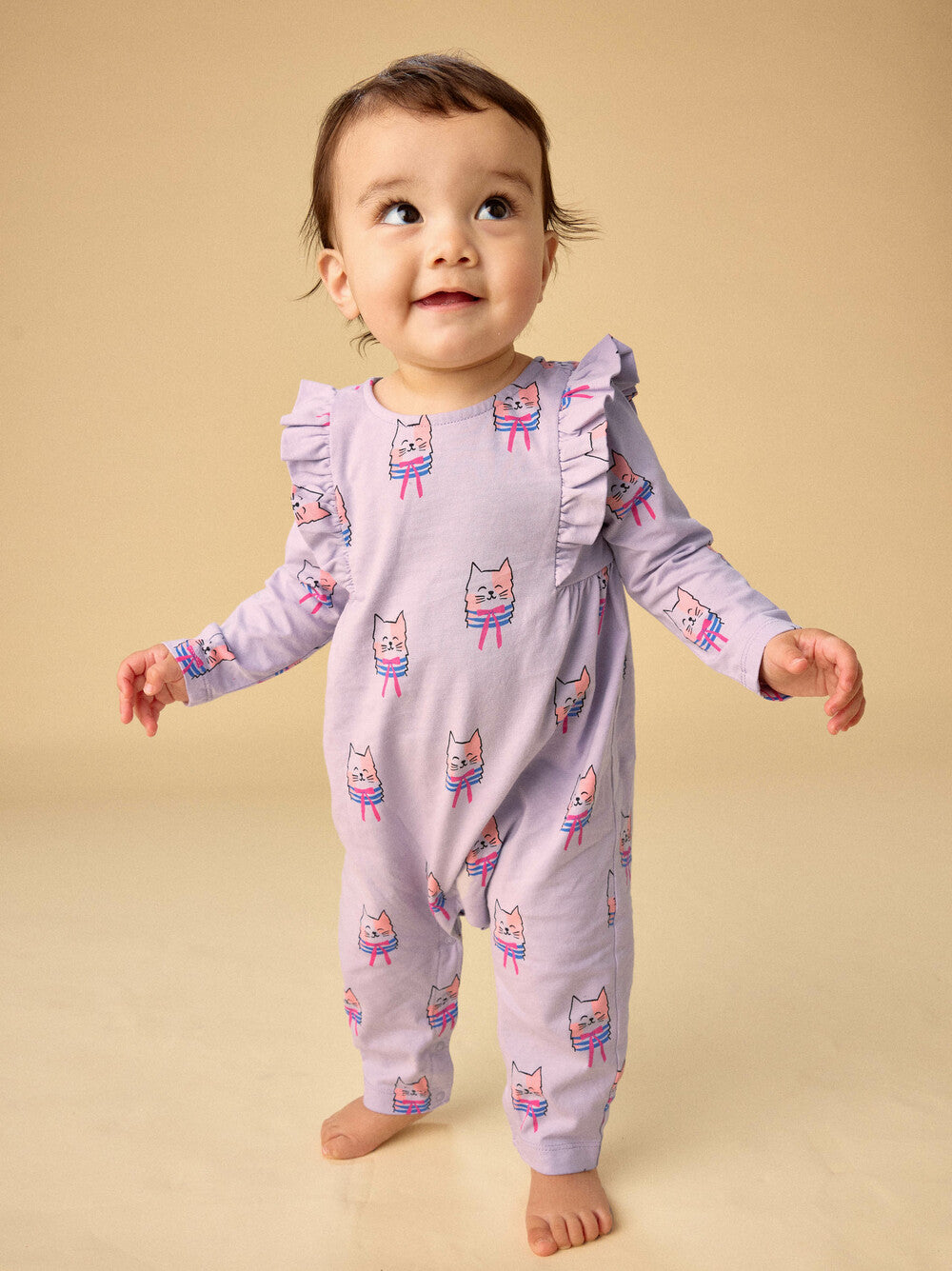 Ruffle Shoulder Baby Romper - Bowtie Cats