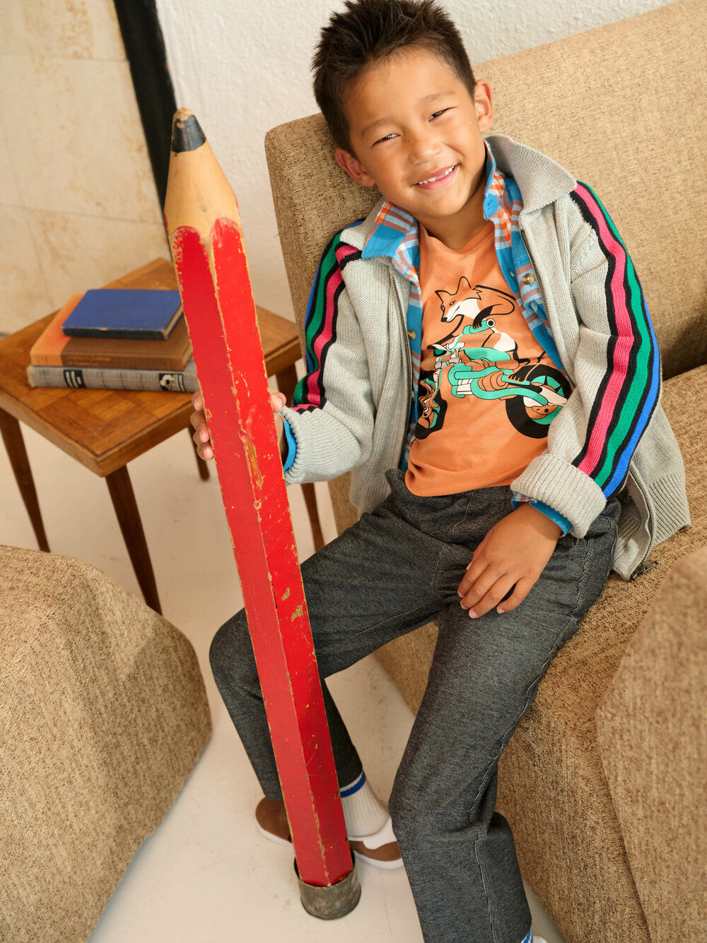 Stripe Sleeve Zip Sweater - Heather Grey