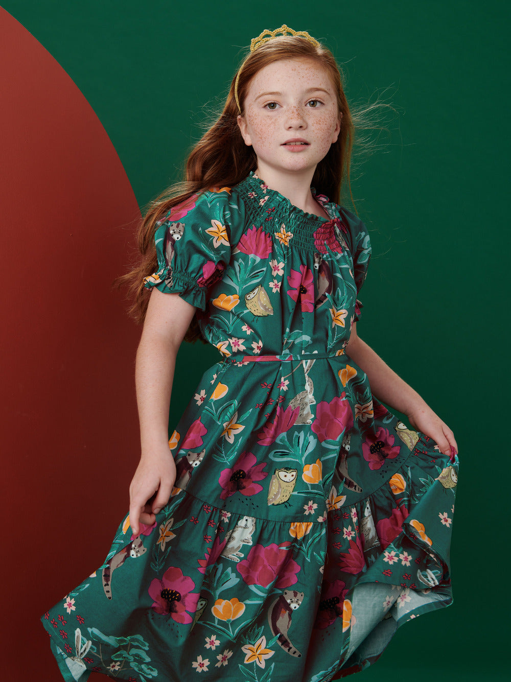 Puff Sleeve Tie Waist Dress - Forest Floral