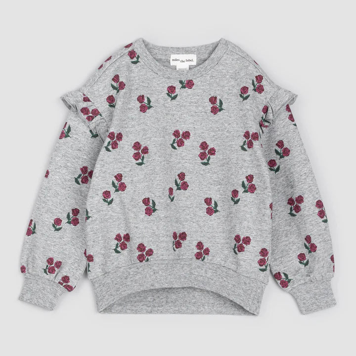 Rose Print Ruffle Baby Sweatshirt - Heather Grey