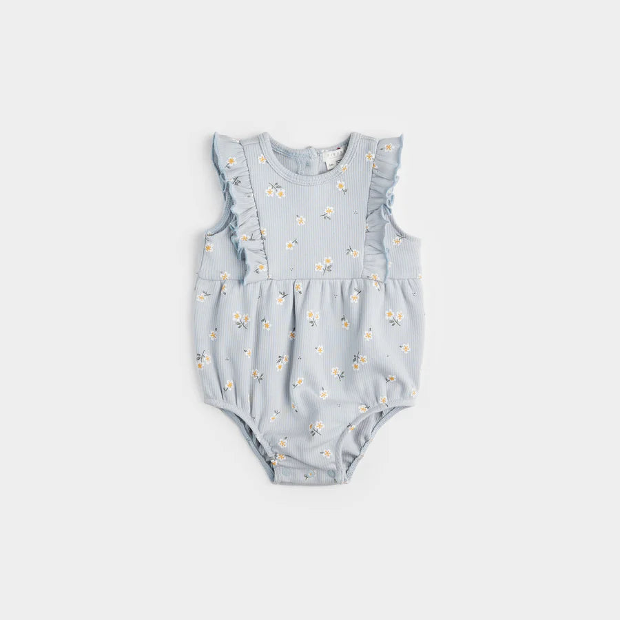 Daisy Print Ribbed Onesie - Pearl Blue