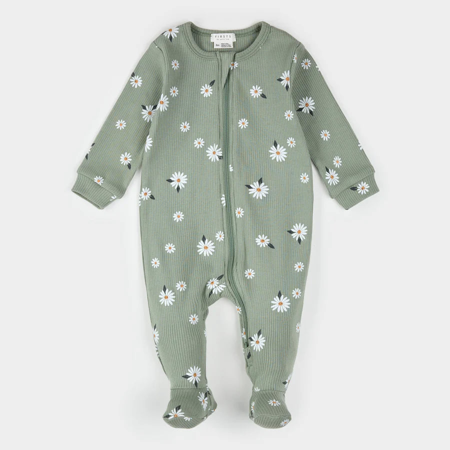 Daisy Print Ribbed Sleeper - Sage Green