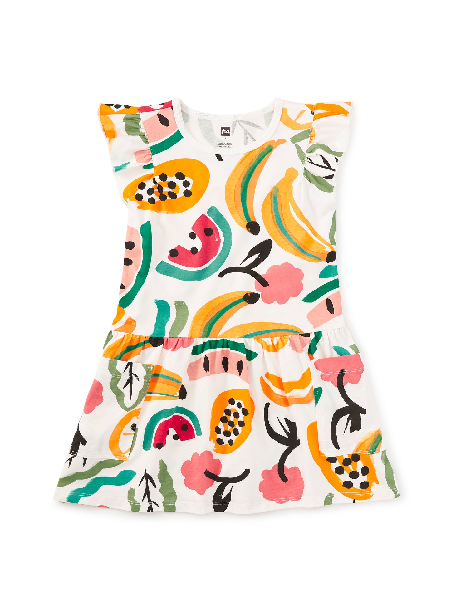 Flutter Sleeve Pocket Baby Dress - Painted Tropical Fruit