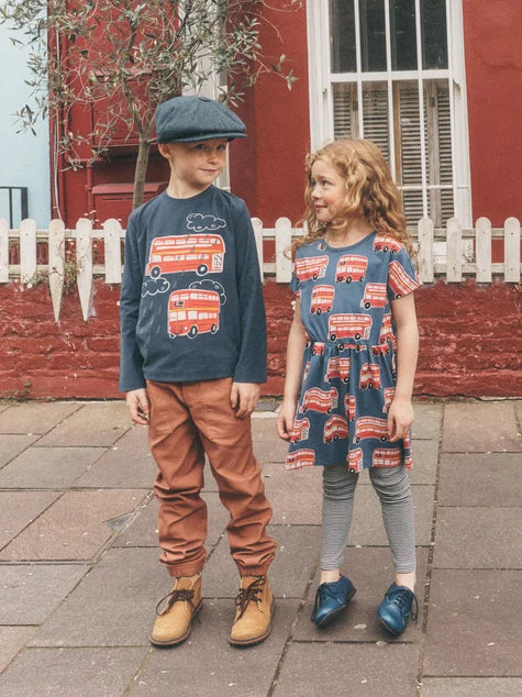 Short Sleeve Twirl Dress - Double Decker Bus