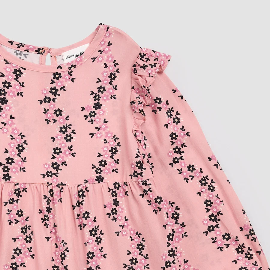 Floral Vines Print on Pink Viscose Woven Tiered Dress