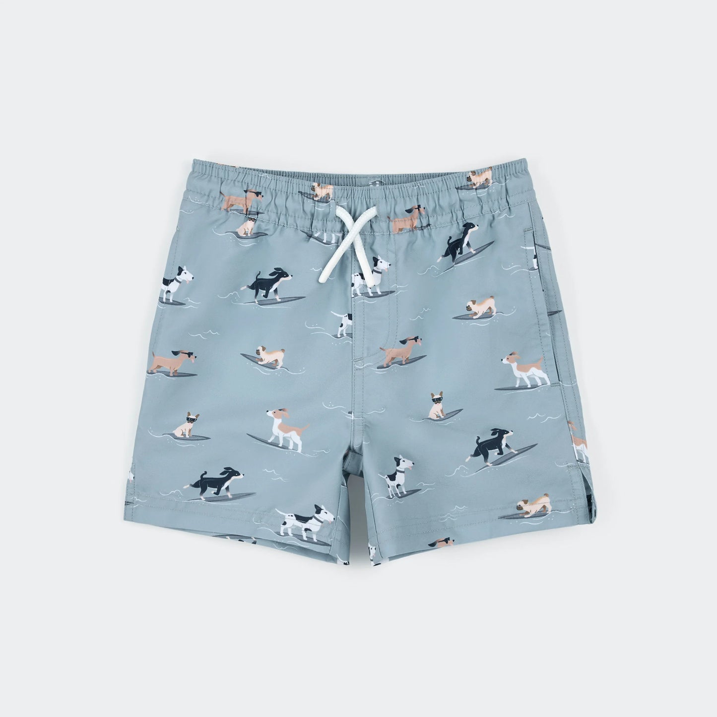Surfing Pups Print On Blue Swim Trunks