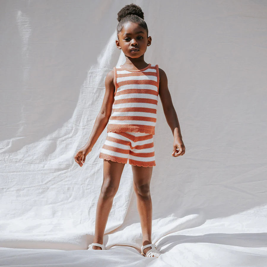 Crochet Knit Toddler Tank Top - Apricot + Birch Stripe