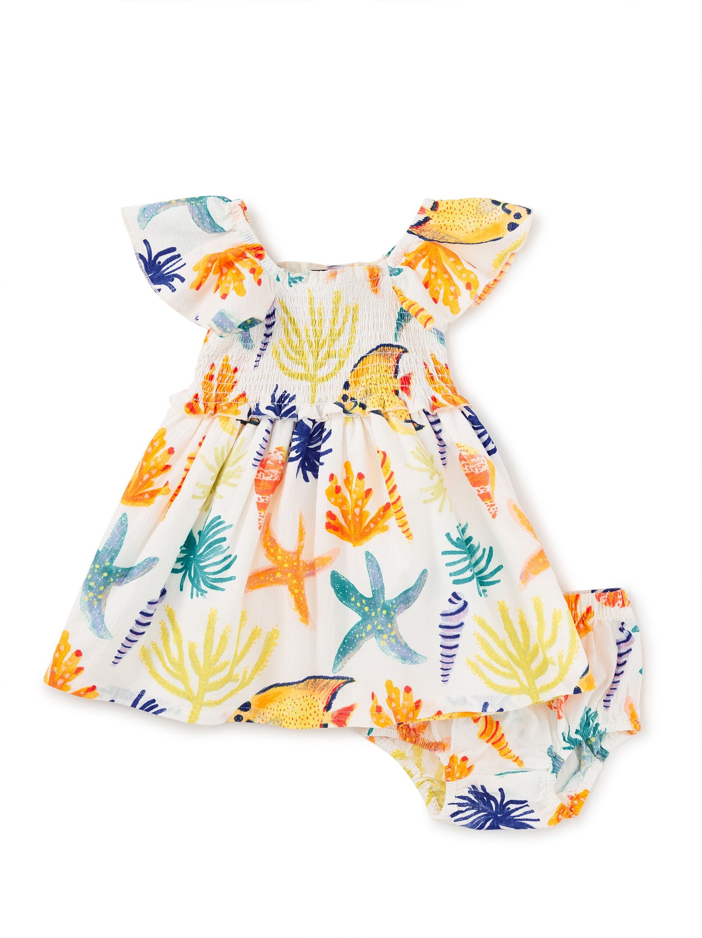 Flutter Sleeve Smocked Baby Dress - Watercolor Sea Life