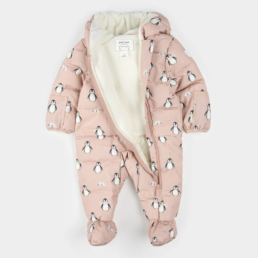 Penguins Print on Dusty Pink Hooded Baby Snowsuit