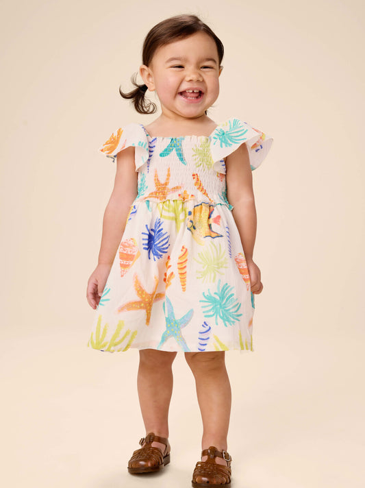 Flutter Sleeve Smocked Baby Dress - Watercolor Sea Life