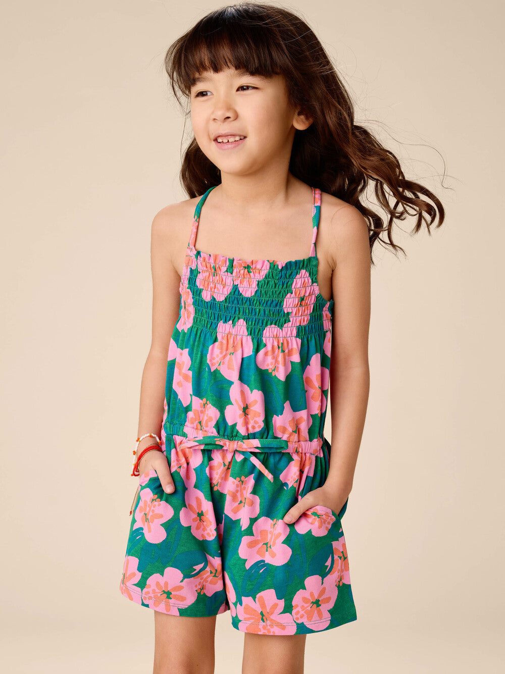 Smocked Strappy Toddler Romper - Bold Hibiscus
