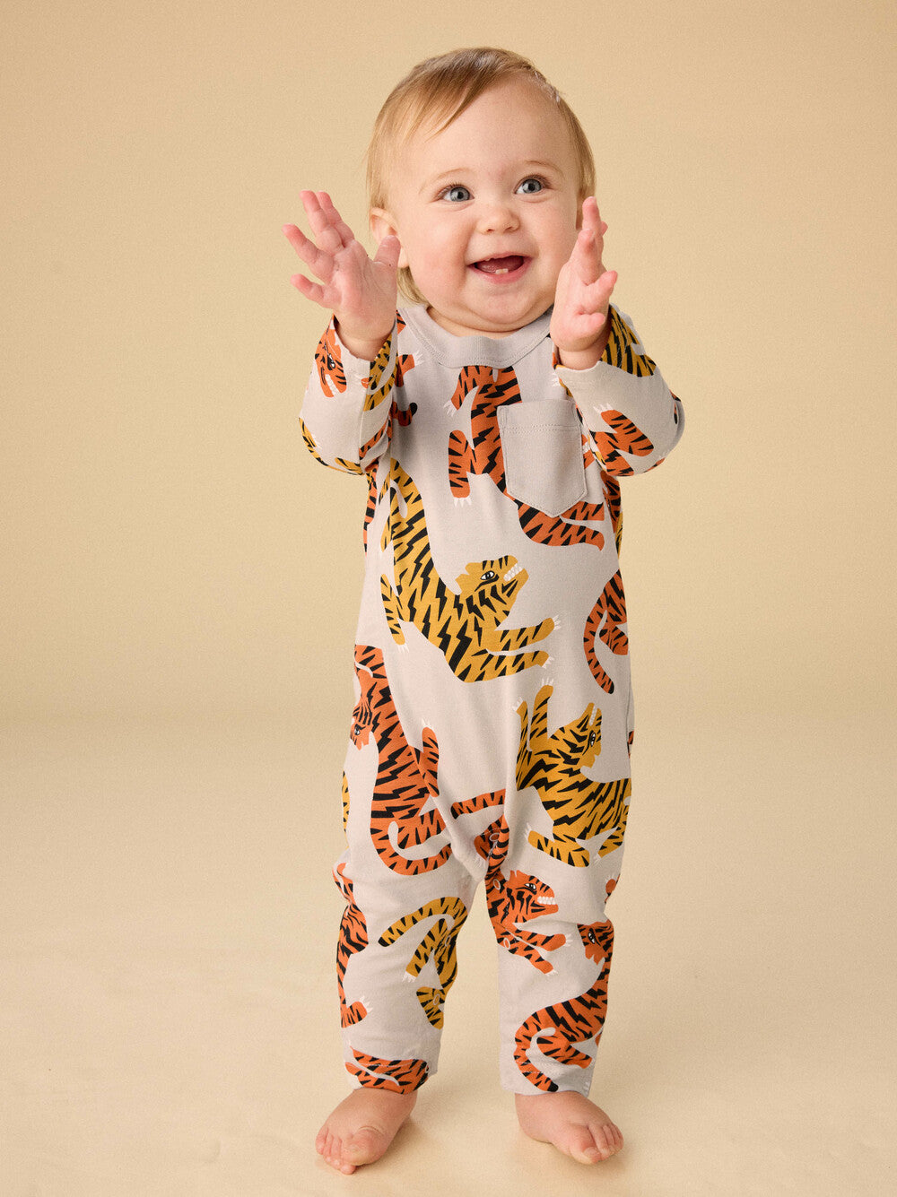 Long Sleeve Pocket Baby Romper - Lightning Tigers