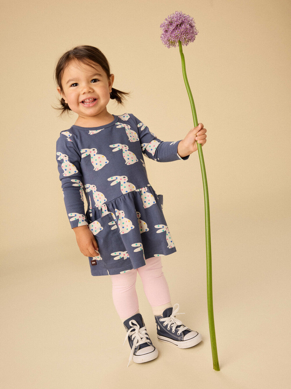 Long Sleeve Pocket Baby Dress - Rice Ball Dot Bunny