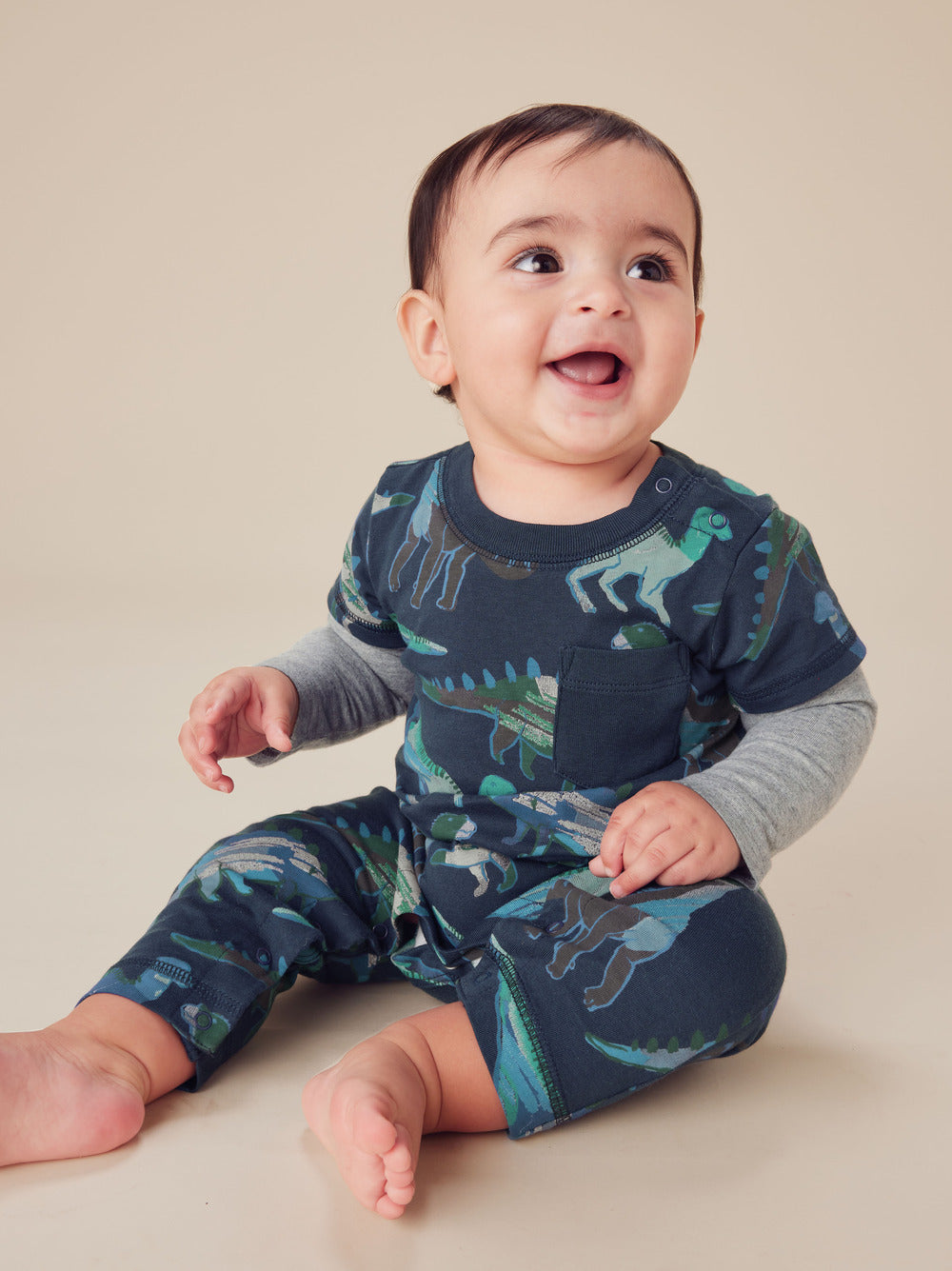 Layered Sleeve Romper - Watercolor Dinosaurs