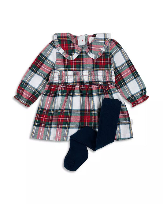 Girls' Poinsettia Plaid Flannel Dress & Footed Tights Set