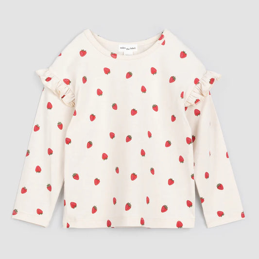 Strawberry Print Ruffle Long Sleeve Shirt - Birch