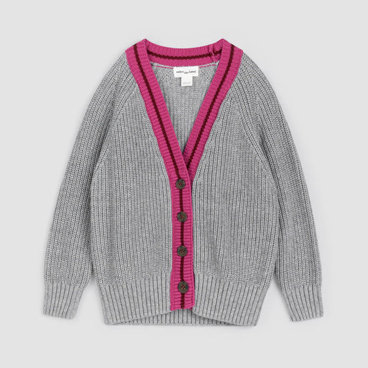 Knit Varsity Cardigan - Grey + Burgundy