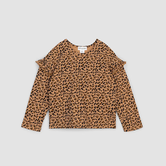 Leopard Print Ruffle Long Sleeve Shirt - Camel