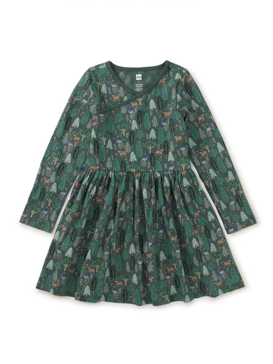 Long Sleeve Toddler Wrap Neck Dress - Turkish Forest Scene