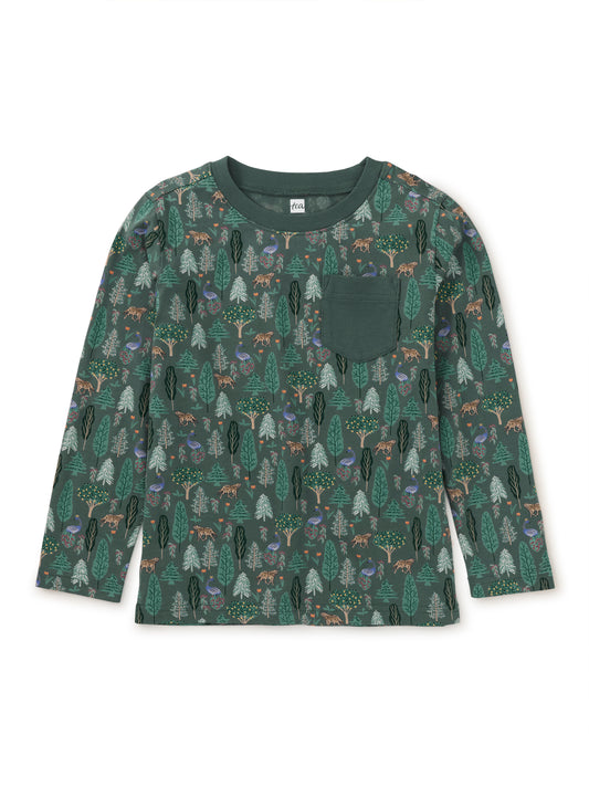 Long Sleeve Printed Pocket Tee - Turkish Forest Scene