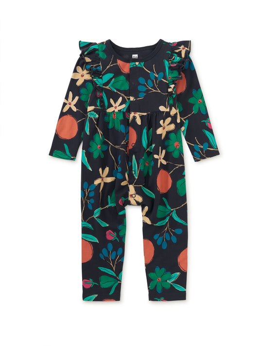 Snap Front Ruffle Baby Romper - Tea Floral