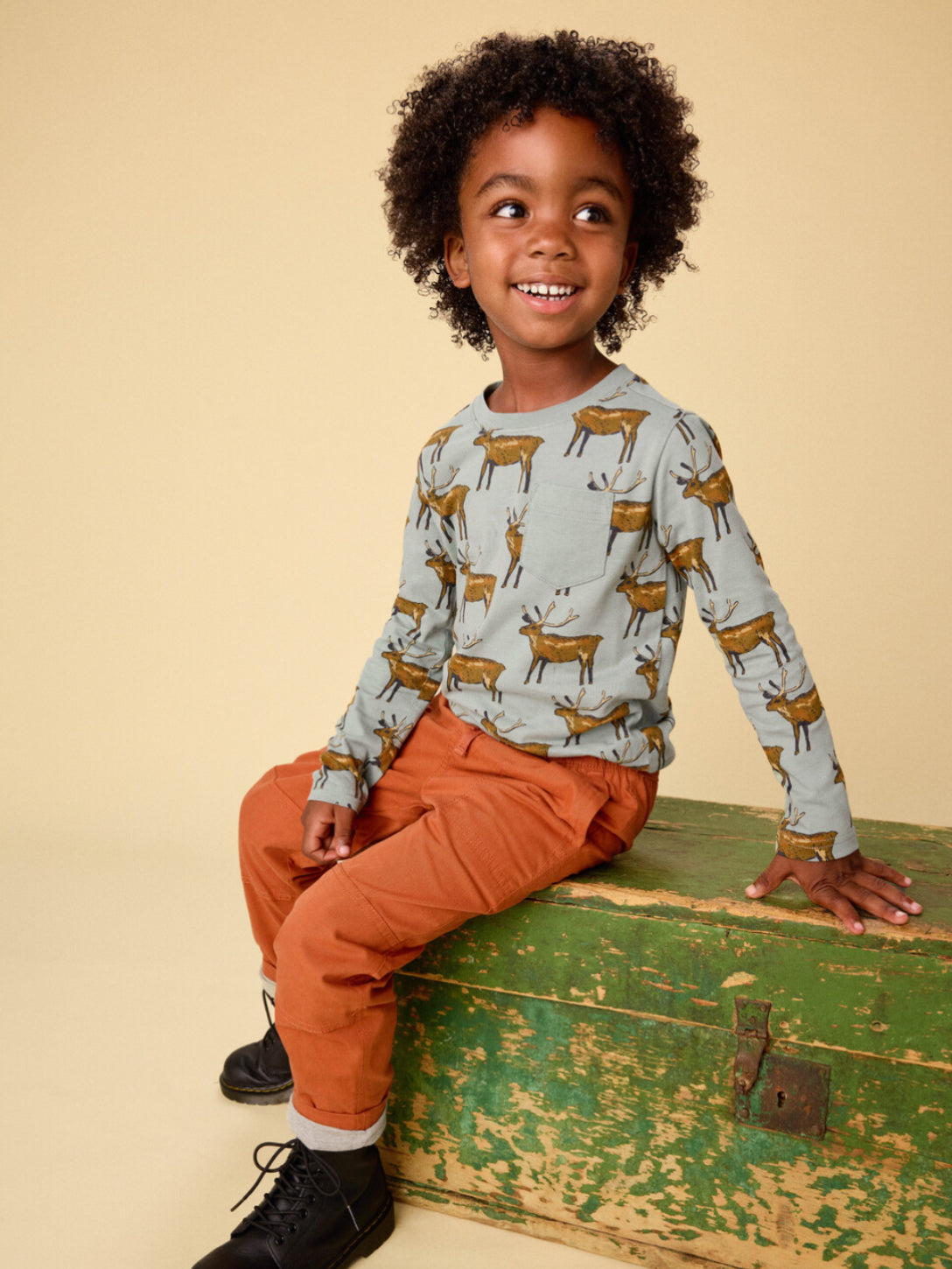 Long Sleeve Printed Pocket Tee - Painted Deer