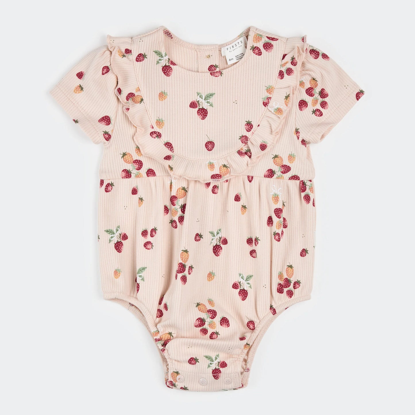 Strawberry Print On Soft Pink Ribbed Bubble Romper