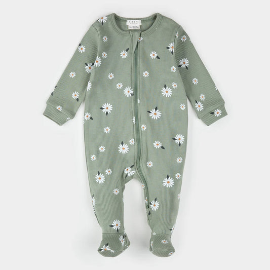 Daisy Print Ribbed Sleeper - Sage Green