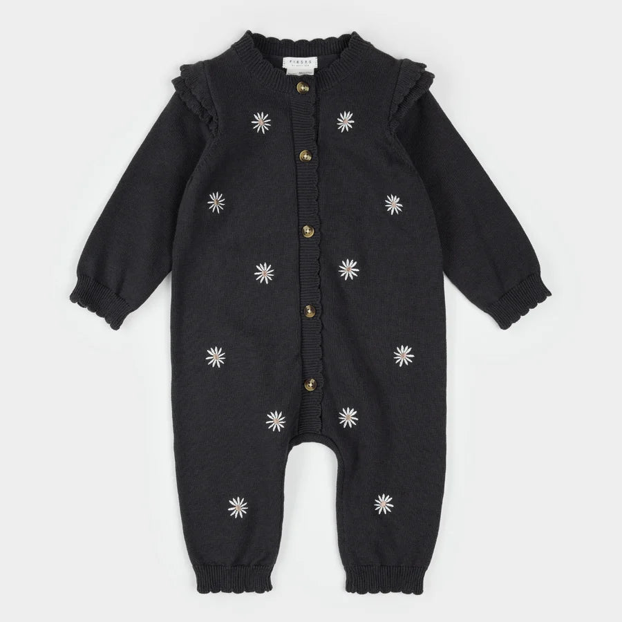 Knit Playsuit - Daisy Print Dark Grey