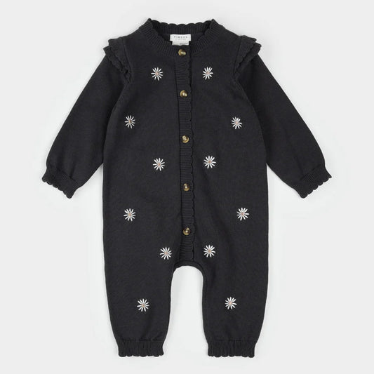 Knit Playsuit - Daisy Print Dark Grey