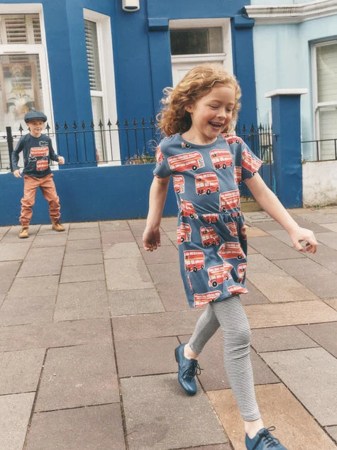 Short Sleeve Twirl Dress - Double Decker Bus