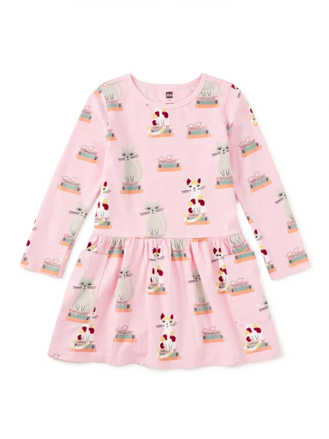 Long Sleeve Pocket Dress - Bookshop Cat