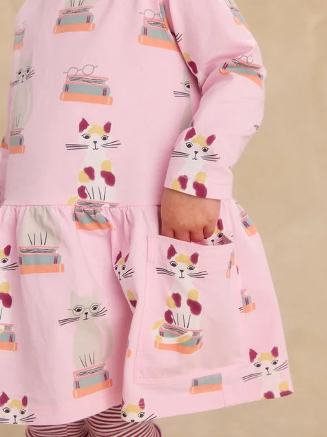 Long Sleeve Pocket Dress - Bookshop Cat