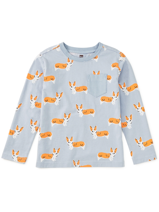LONG SLEEVE PRINTED POCKET TEE CUTIE CORGIS