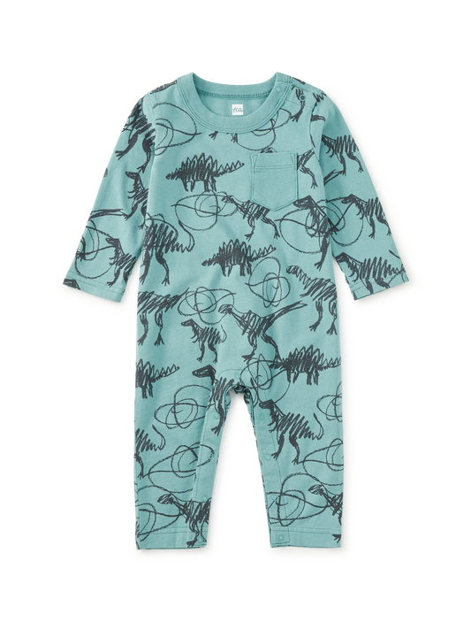 Long Sleeve Pocket Baby Romper - Scribbled Dinosaurs