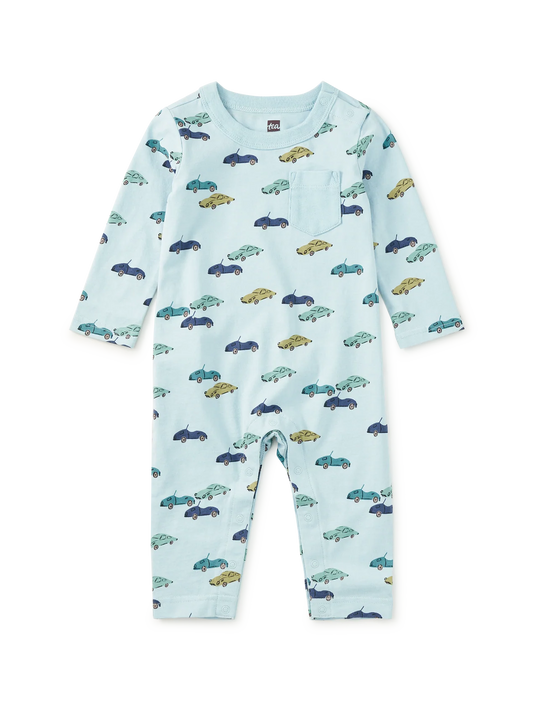 Long Sleeve Pocket Baby Romper - Mini Cars