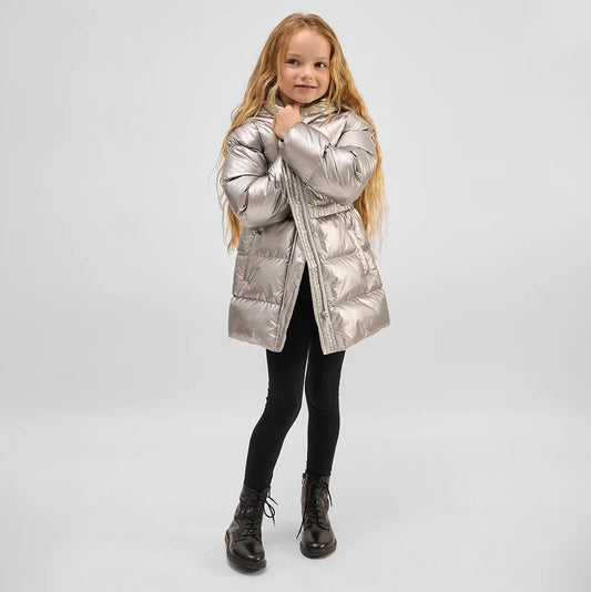 Metallic Silver Hooded Mid Weight Coat