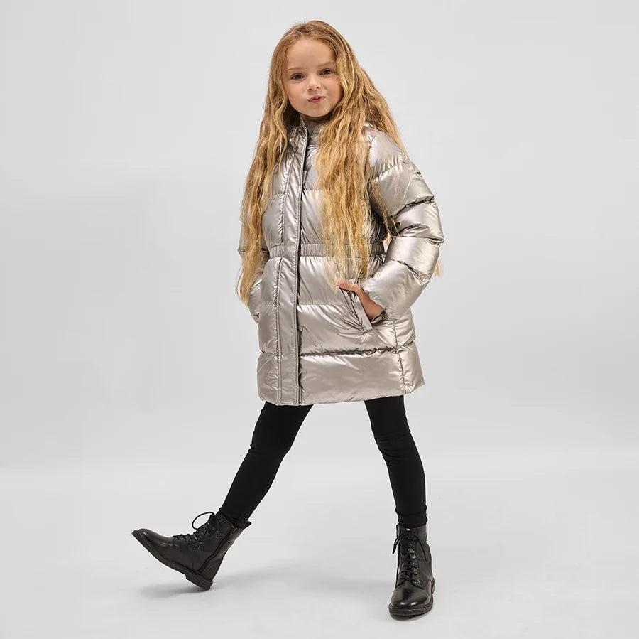 Metallic Silver Hooded Mid Weight Coat