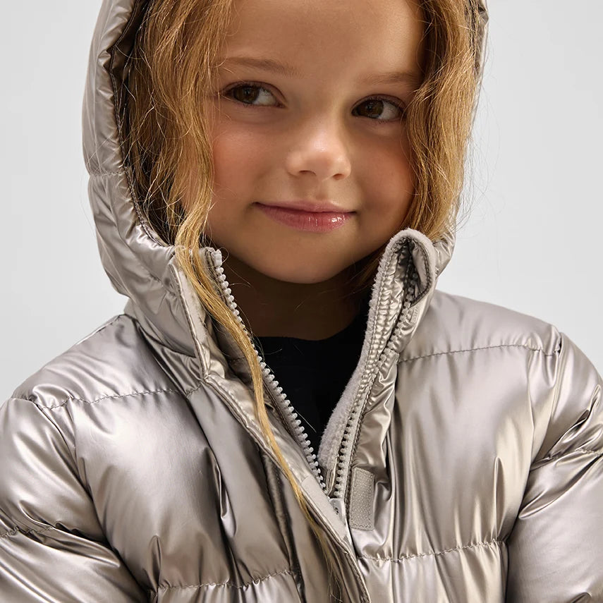 Metallic Silver Hooded Mid Weight Coat
