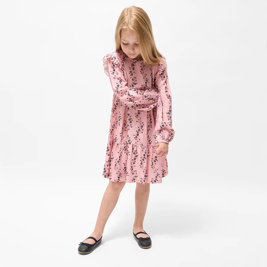 Floral Vines Print on Pink Viscose Woven Tiered Dress