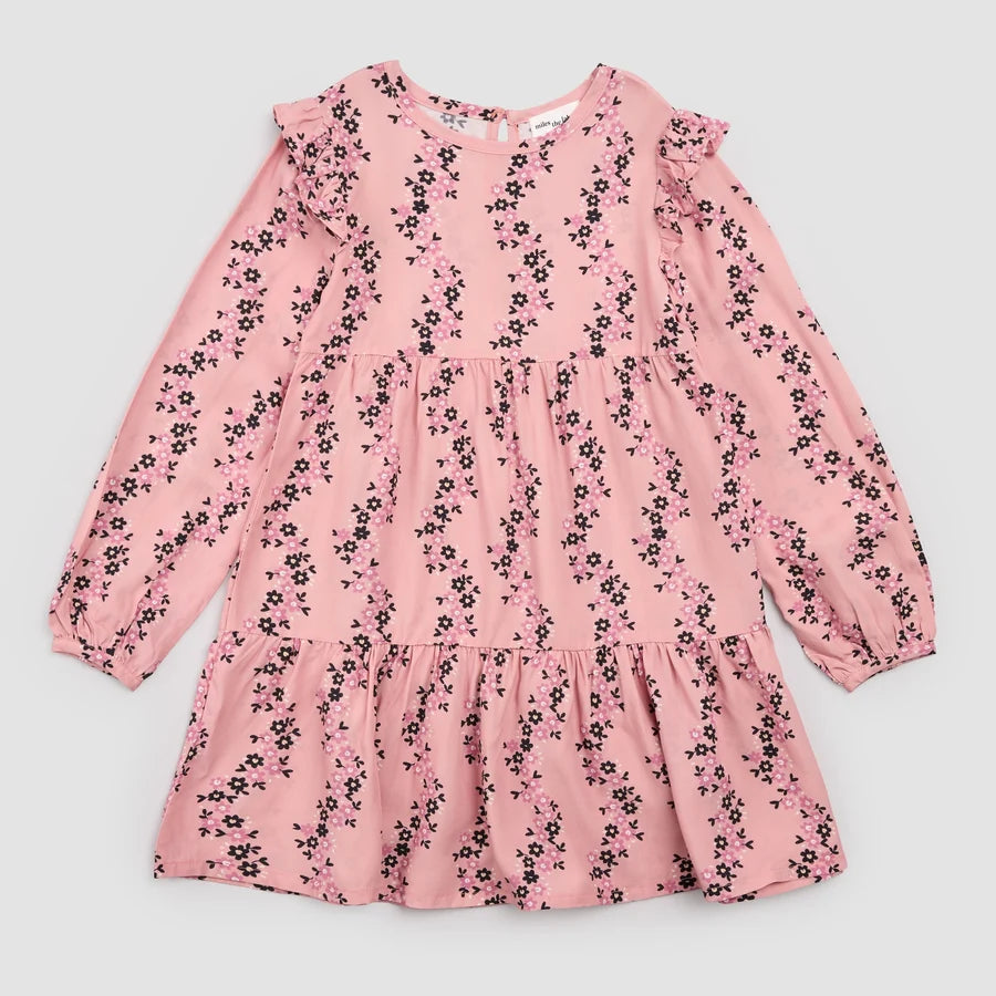 Floral Vines Print on Pink Viscose Woven Tiered Dress