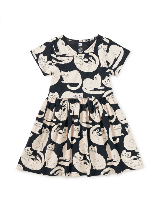 Short Sleeve Wrap Neck Toddler Dress- Curious Cats