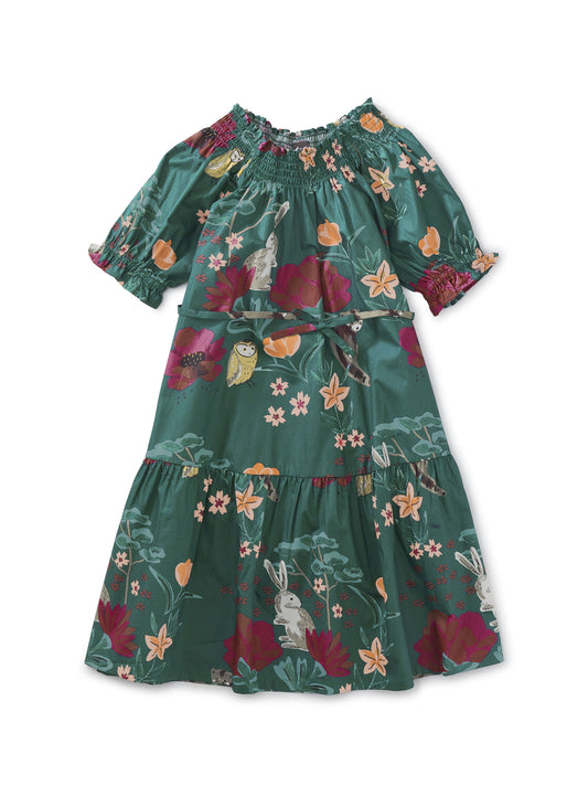Puff Sleeve Tie Waist Dress - Forest Floral