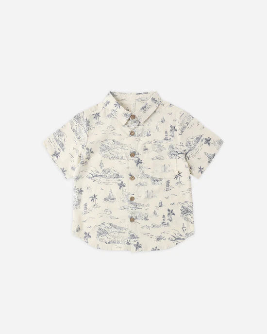 Collared Short Sleeve Shirt - Ocean Toile