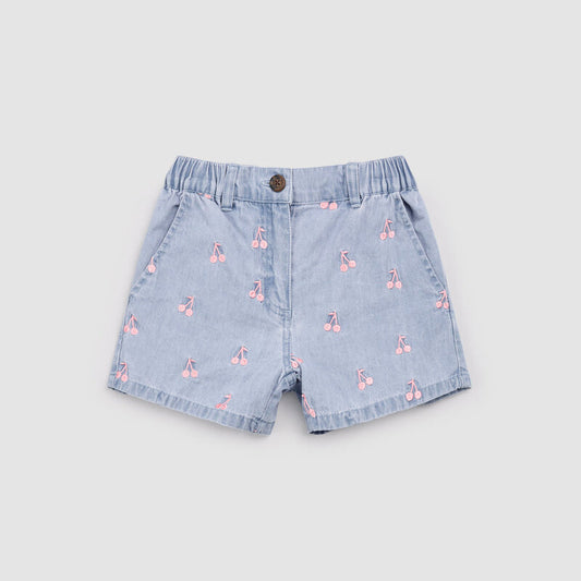 Cherries Embroidery On Chambray Shorts