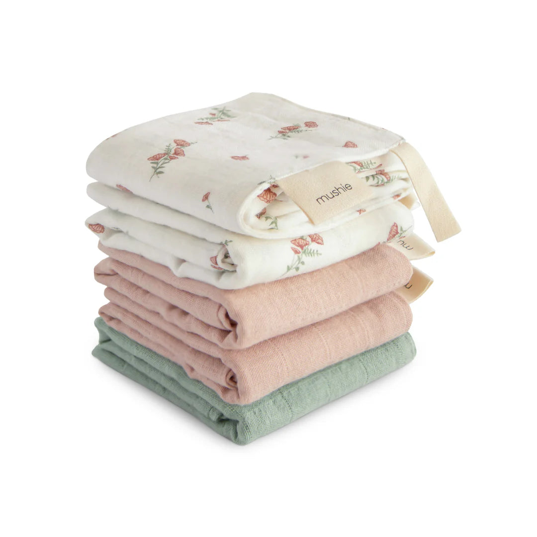 Muslin Cotton Washcloth 5-Pack - pink flowers combo