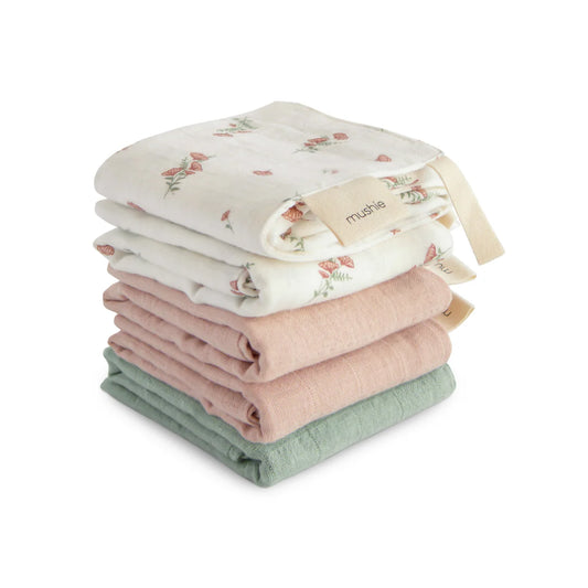 Muslin Cotton Washcloth 5-Pack - Pink Flowers Combo